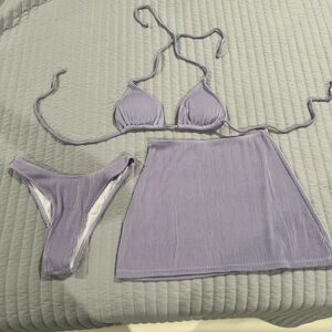 Chic Purple Striped Bikini Set with Skirt